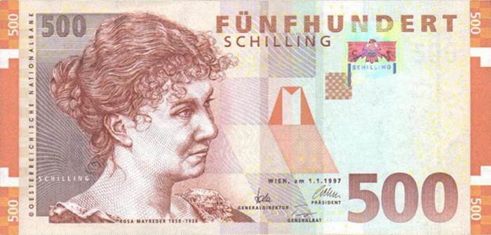 Rosa Mayreder auf der Vorderseite einer 500-Schillinig-Banknote (1997-2002)