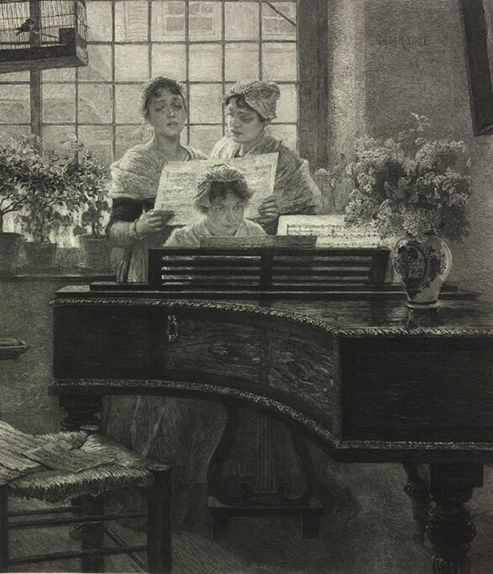 Zwei singende Mädchen, begleitet von einer Pianistin
